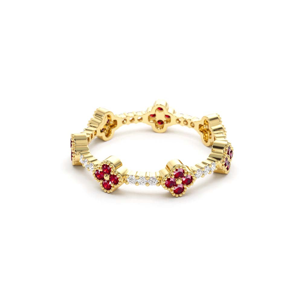 Full Eternity Clover Ruby and Diamond Ring in 14K Gold - view 4