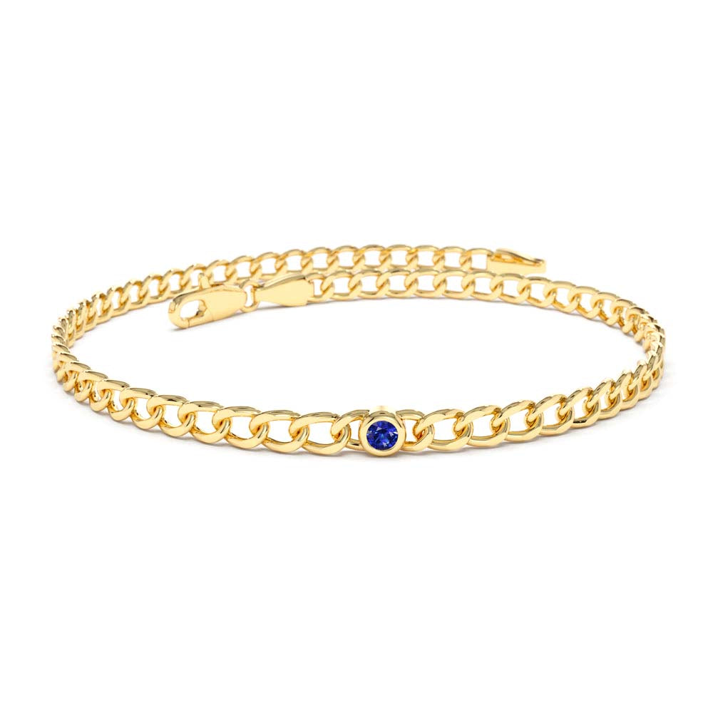 14K Gold Cuban Link Bracelet w/ Bezel Setting Sapphire by Orlina Fine