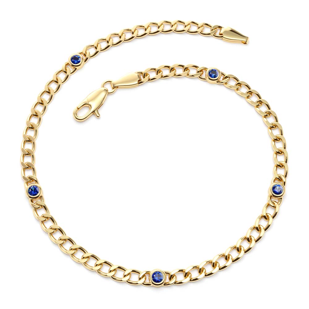 14K Gold Cuban Link Bracelet w/ Bezel Setting Sapphire - view 4
