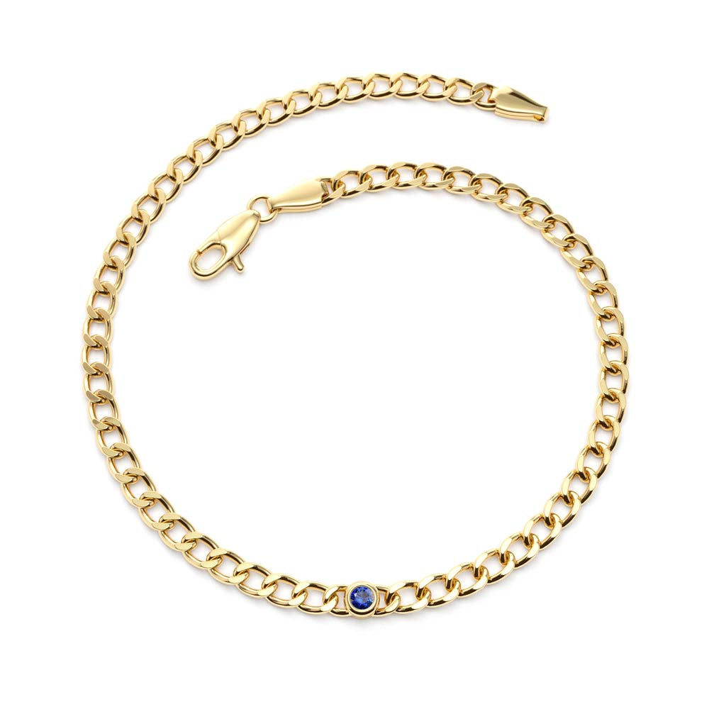 14K Gold Cuban Link Bracelet w/ Bezel Setting Sapphire - view 5