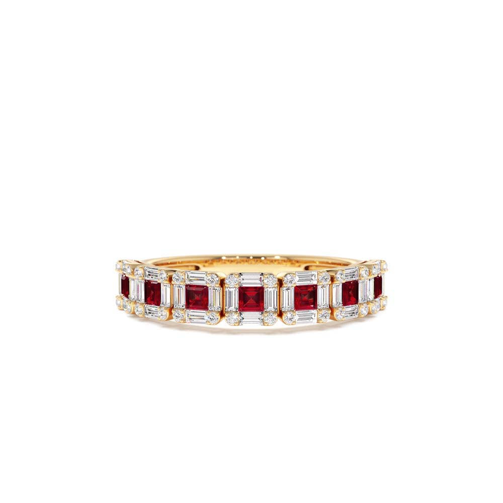 14K Princess Cut Ruby W/ Baguette and Round Diamond Ring by Orlina Fine