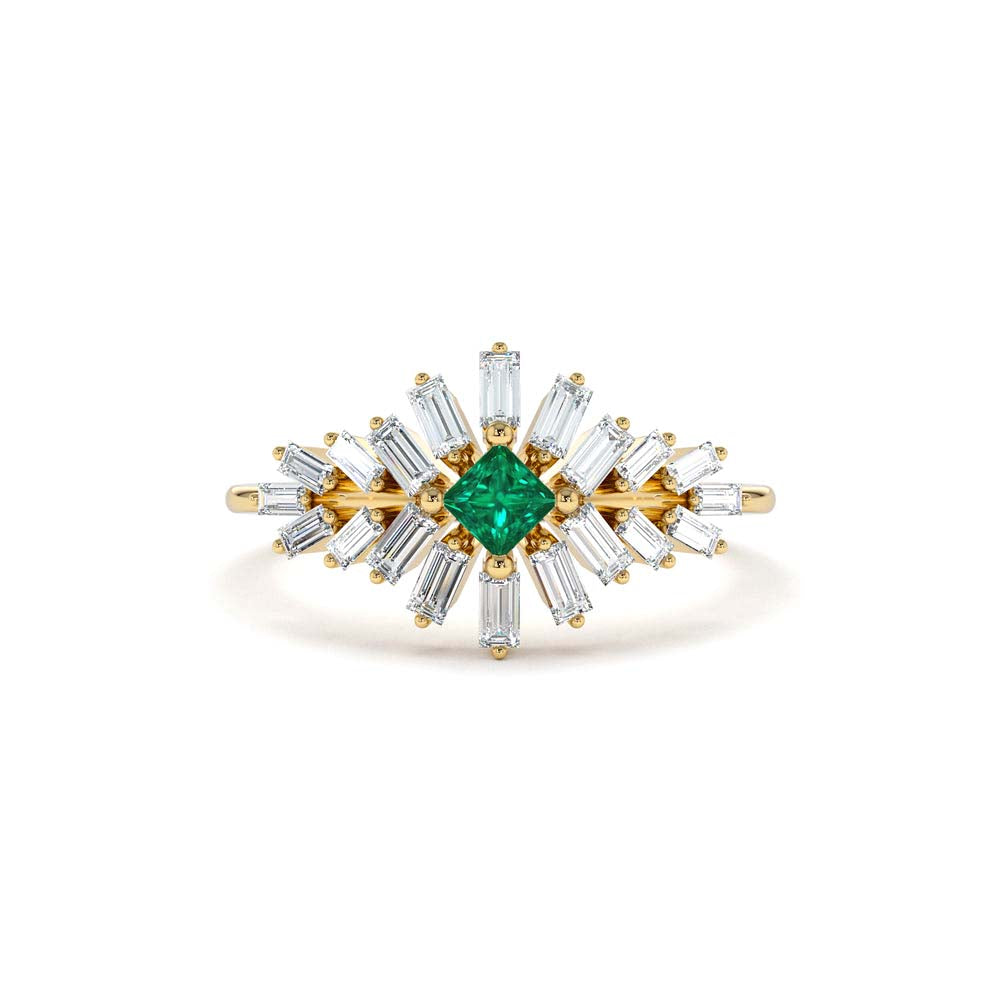 14K Baguette Diamond Ring with a Square Emerald by Orlina Fine