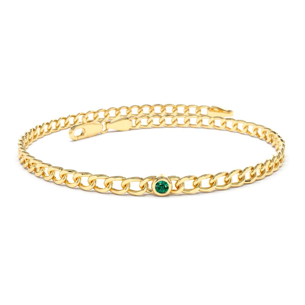 14K Gold Cuban Link Bracelet w/ Bezel Setting Emerald by Orlina Fine